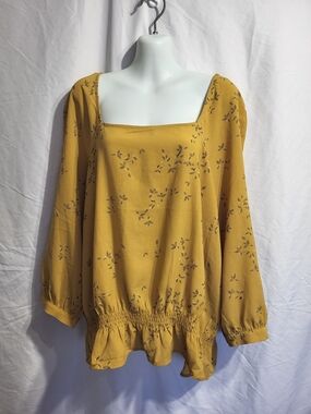 Reitmans Mustard Floral Square-Neck Blouse,  Size XXL